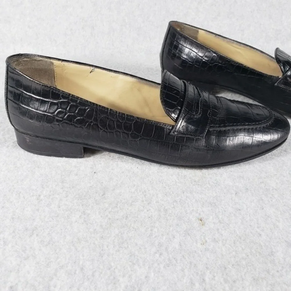Talbots Womens Loafers Size 9 Black Croc Embossed Leather Stacked Heel Flats‎